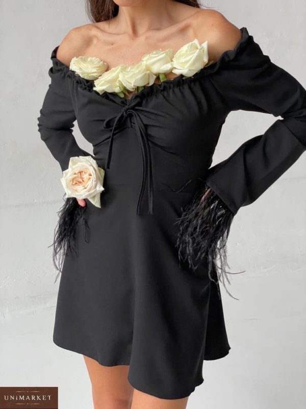 Приобрести черное платье с перьями и шнуровкой (размер 42-52) для женщин в интернете