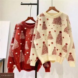 Замовити червоний, бежевий светр із принтом ялинки для жінок онлайн