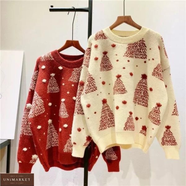Заказать красный, бежевый свитер с принтом ёлки для женщин онлайн