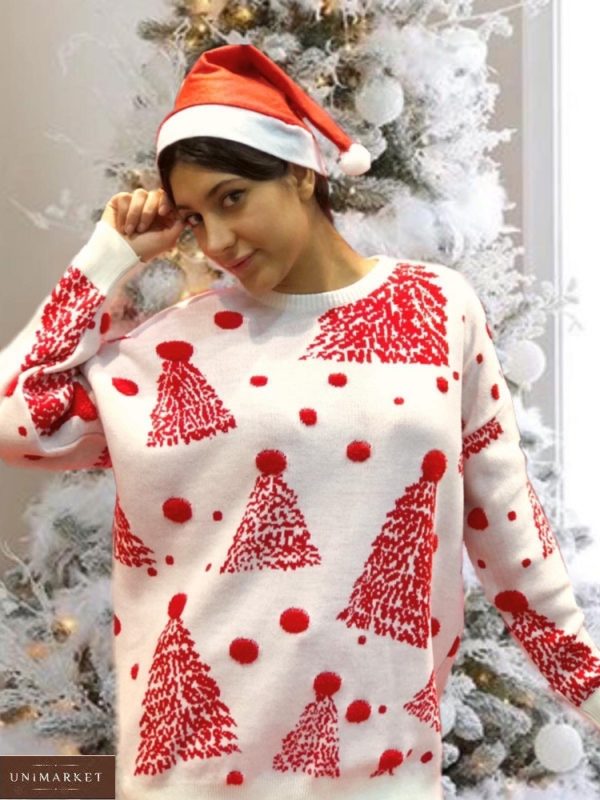 Купить дешево женский белый свитер с принтом ёлки на новый год