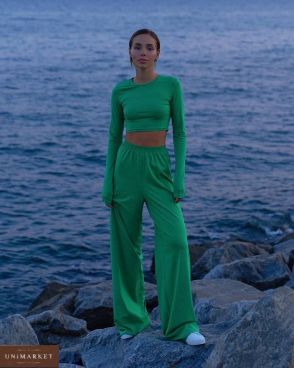 приобрести женский зелёный костюм из вискозы с штанами и топом по акционной цене