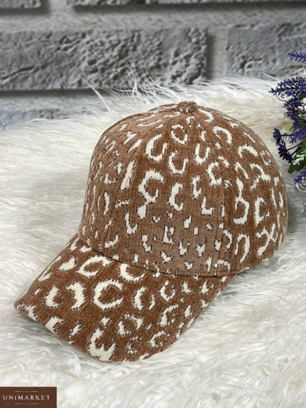 Купити жіночу мокко вельветову кепку з тигровим принтом в Україні