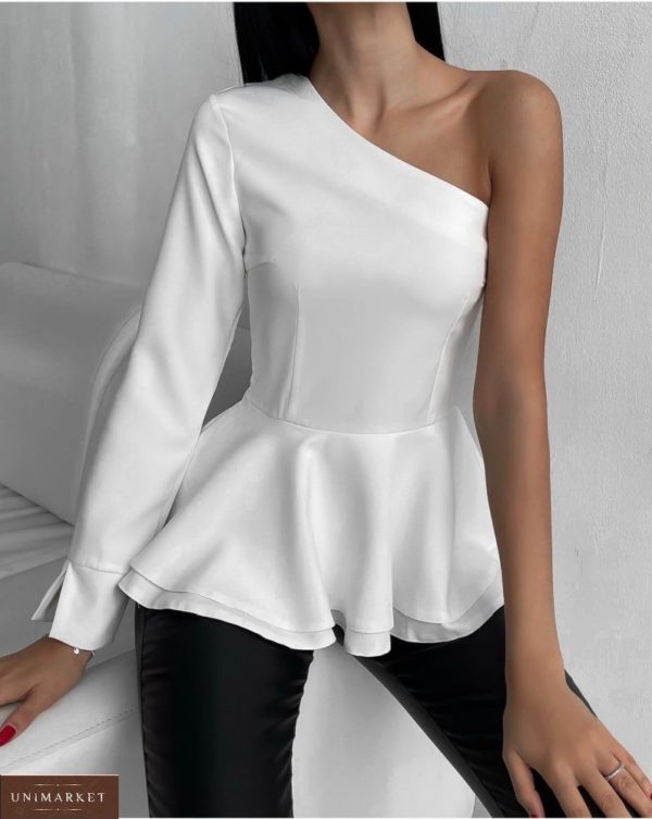 Замовити вигідно білу блузу на одне плече з баскою (розмір 42-48) для жінок