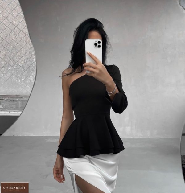 Замовити чорну жіночу блузу на одне плече з баскою (розмір 42-48) онлайн