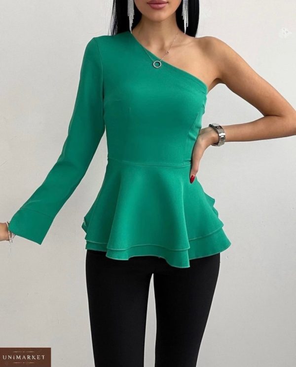 Купити в інтернеті зелену блузу на одне плече з баскою (розмір 42-48) для жінок