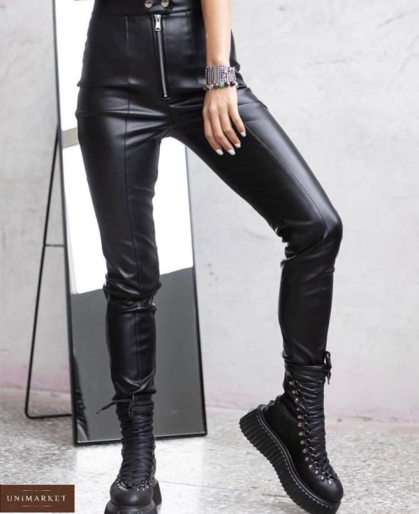 Приобрести черные женские брюки из эко кожи на флисе (размер 42-48) по скидке