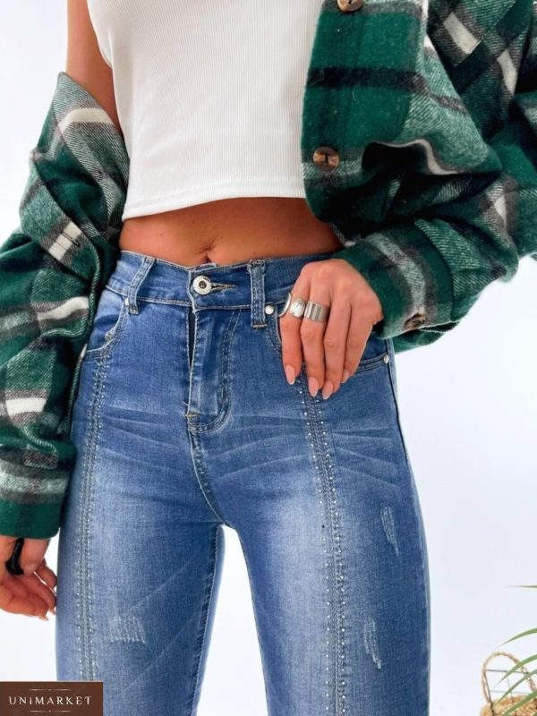 Купити в інтернеті сині джинси скінні зі стразами для жінок