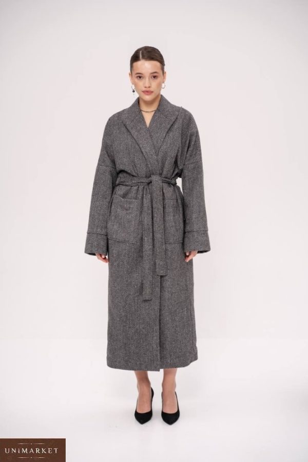 Купити по знижці довге сіре пальто-кімоно (розмір 42-48) для жінок