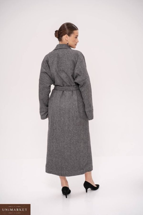 Замовити в інтернеті довге жіноче пальто-кімоно (розмір 42-48) сірого кольору