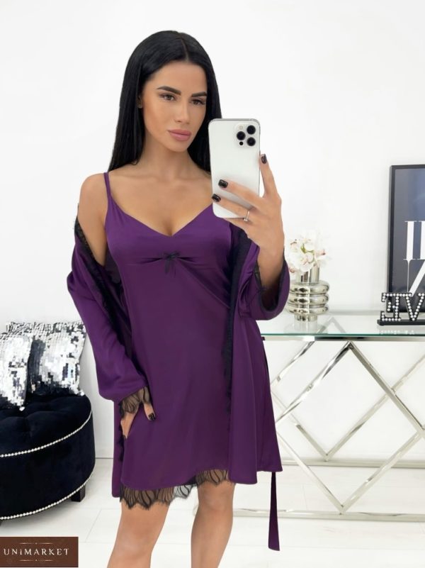 Купити недорого фіолетового кольору домашній шовковий комплект (розмір 42-52) для жінок