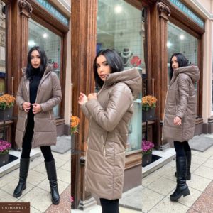 Купить по низким ценам мокко удлиненную зимнюю куртку из эко кожи (размер 44-58) для женщин