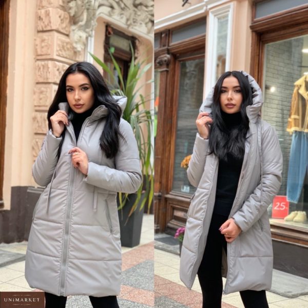 Приобрести онлайн серую удлиненную зимнюю куртку из эко кожи (размер 44-58) для женщин