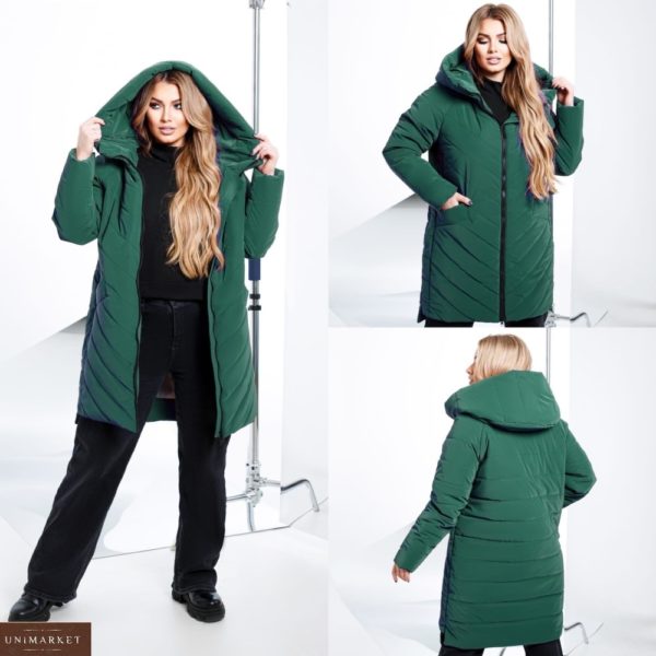 Приобрести зеленую женскую куртку стёганная с капюшоном (размер 44-58) онлайн
