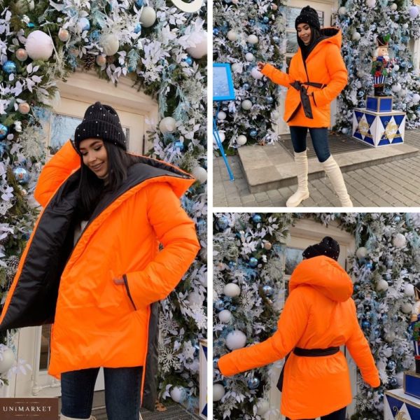 Купити помаранчеву жіночу двосторонню куртку на запах з капюшоном (розмір 42-52) недорого