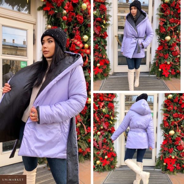 Заказать лиловую женскую двухстороннюю куртку на запах с капюшоном (размер 42-52) выгодно