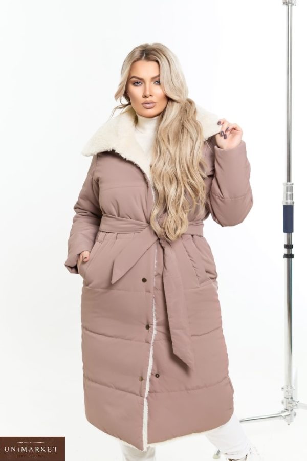 Заказать по скидке мокко женское тёплое пальто на овчине (размер 48-58)