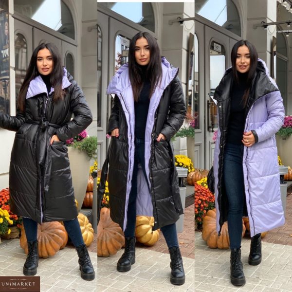 Заказать женское лиловое пальто двухстороннее стёганное с капюшоном (размер 42-58) онлайн