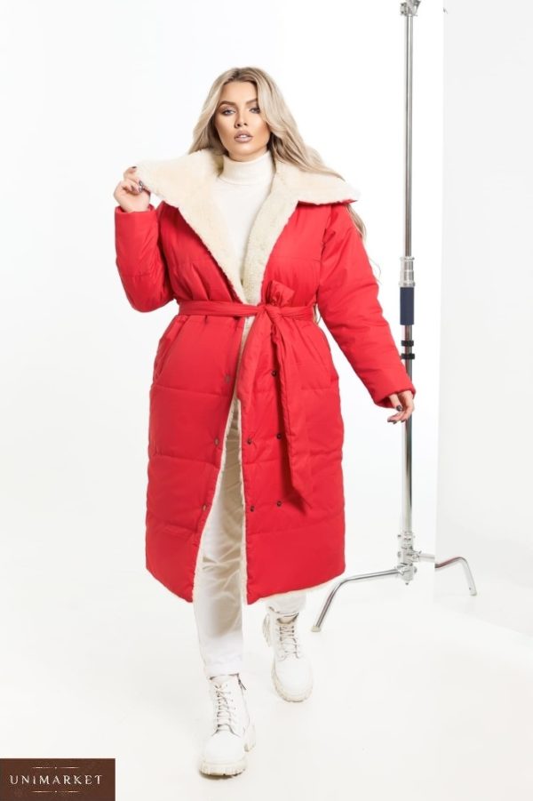 Купити вигідно червоне тепле пальто на овчині (розмір 48-58) для жінок