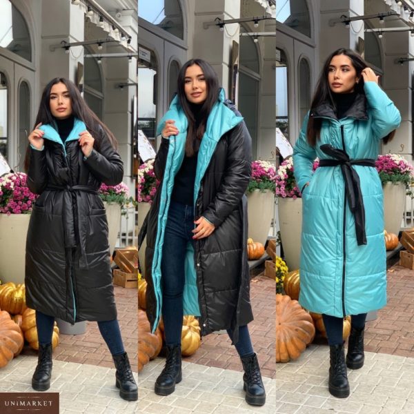 Приобрести женское пальто двухстороннее стёганное с капюшоном (размер 42-58) цвета мята онлайн