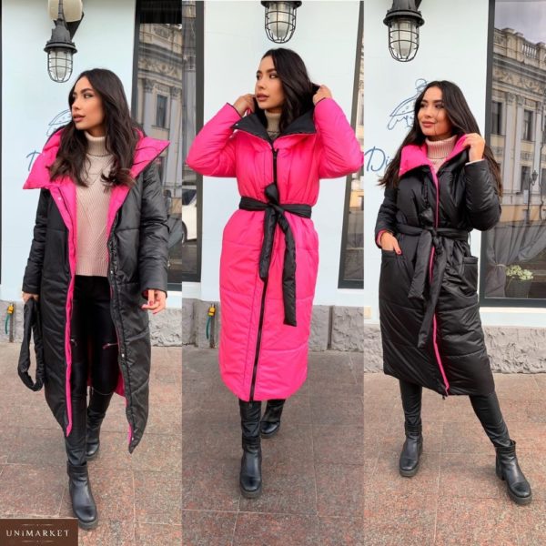 Заказать выгодно розовое женское пальто двухстороннее стёганное с капюшоном (размер 42-58) на зиму
