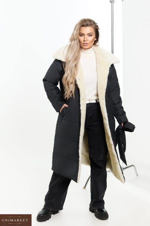 Приобрести черное женское тёплое пальто на овчине (размер 48-58) в интернете