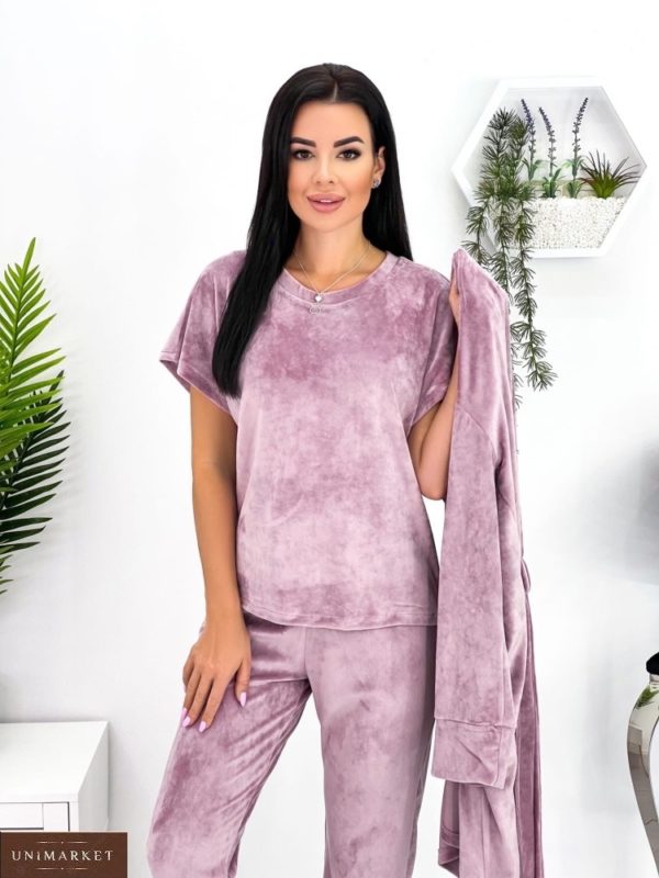 Купити пудру жіночу велюрову піжаму трійка (розмір 42-52) недорого