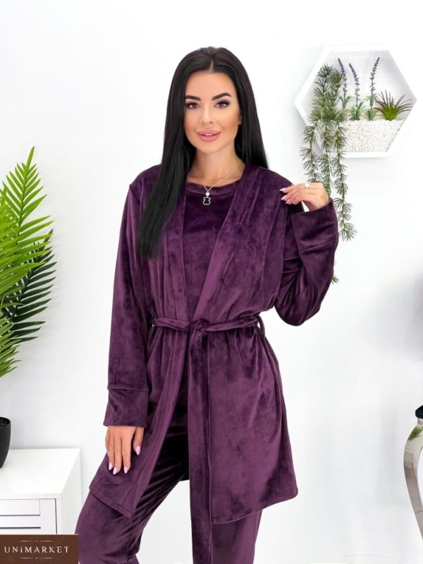 Купити недорого фіолетову велюрову піжаму трійка (розмір 42-52) для жінок