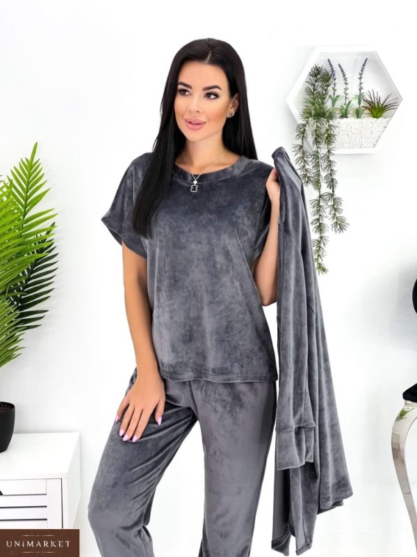 Купить дешево женскую велюровую пижаму тройка (размер 42-52) графит
