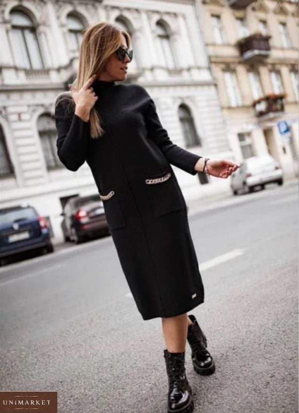 Купить выгодно черное женское тёплое платье миди с карманами