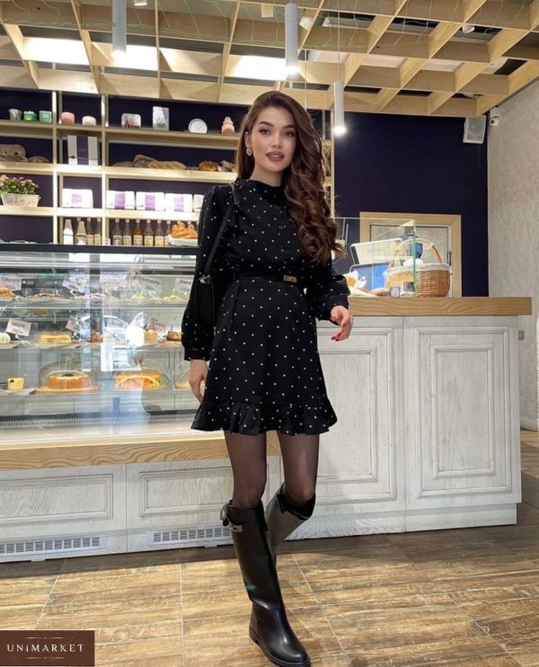Купити чорну вільну сукню в горошок (розмір 42-48) для жінок