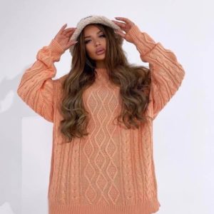 Заказать по низким ценам персиковый плотный вязаный свитер оверсайз для женщин