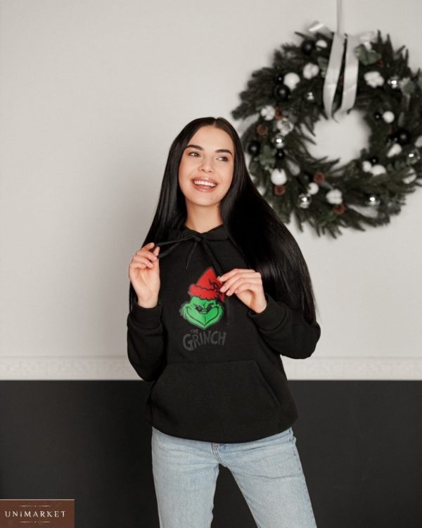 Придбати чорного кольору новорічний худі на флісі Грінч для жінок онлайн