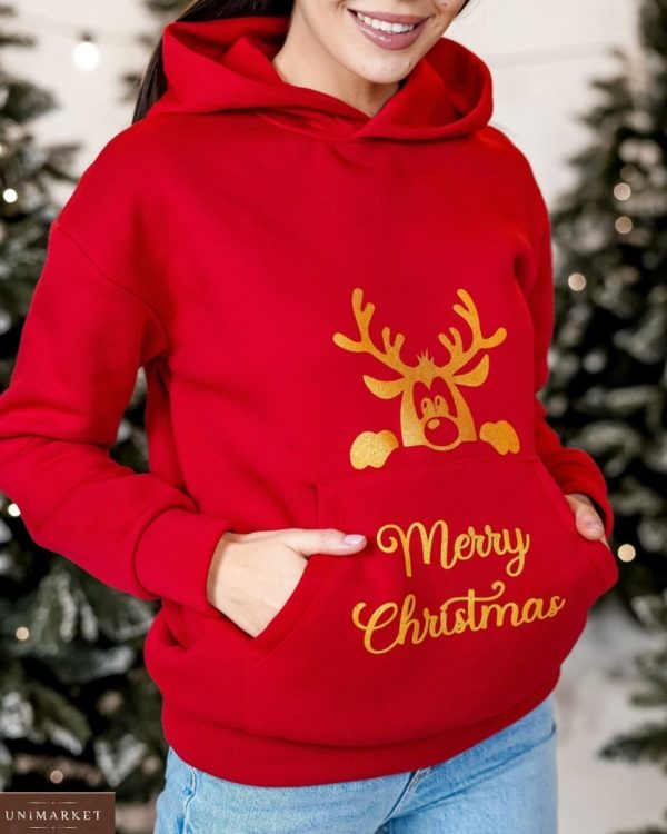 Придбати на подарунок жіночий різдвяний батник із оленями червоного кольору