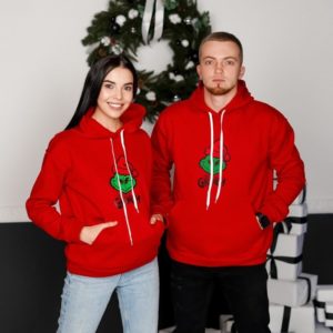 Купить парные новогодний худи на флисе Гринч красного цвета в Украине