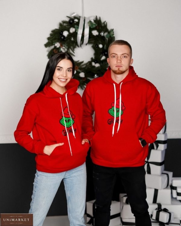 Купити парні новорічний худі на флісі Грінч червоного кольору в Україні