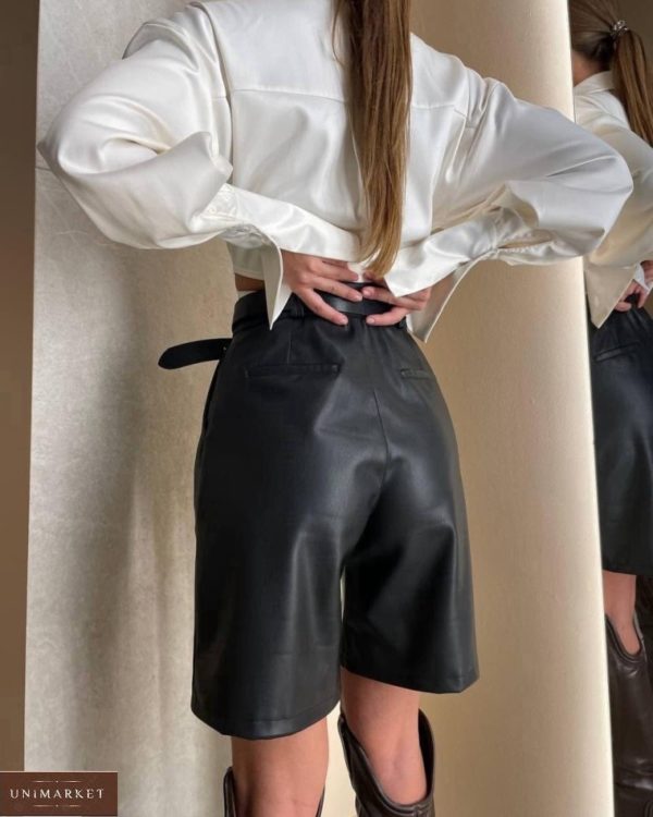 Заказать по скидке черные женские шорты из эко-кожи на флисе