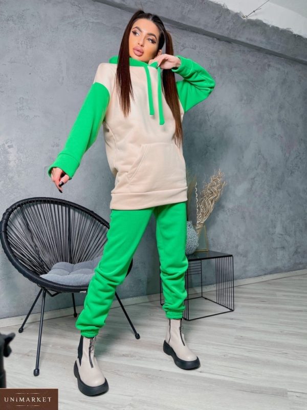 Заказать недорого зеленого цвета спортивный костюм двухцветный женский