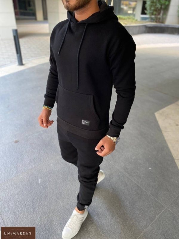 Приобрести тёплый черный мужской однотонный спортивный костюм (размер 48-54) недорого