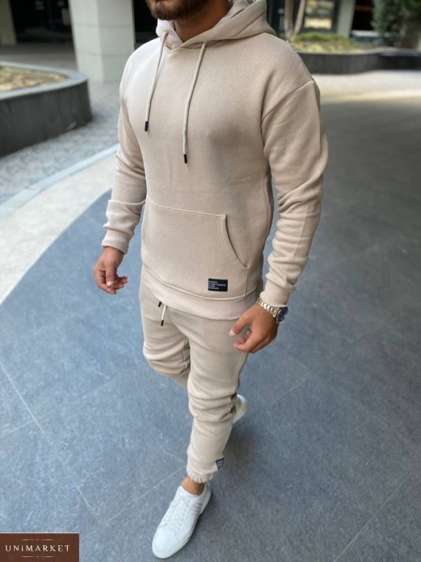 Заказать тёплый однотонный бежевый спортивный костюм (размер 48-54) мужской выгодно
