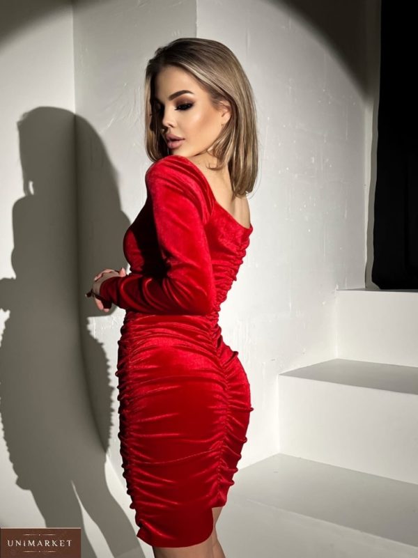 Замовити недорого червоне жіноче оксамитове плаття з драпіруванням (розмір 42-48)