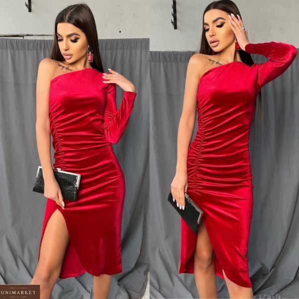 Заказать онлайн красное женское бархатное платье на одно плечо