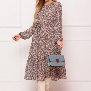 Заказать онлайн бежевое шифоновое платье миди в цветочек (размер 42-48) для женщин