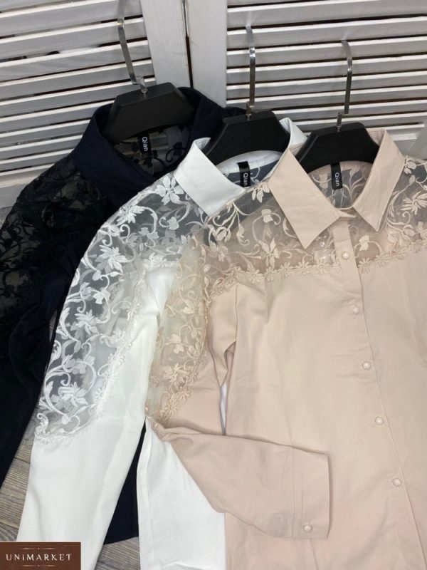 Купити чорну, білу блузу з вставками з візерунками для жінок онлайн