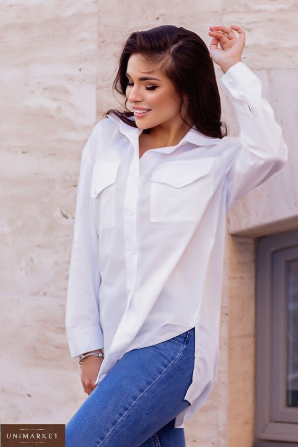 Замовити білу жіночу сорочку з натурального котону (розмір 42-52) дешево