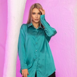 Купить онлайн бирюзовую удлиненную шелковую рубашку (размер 42-52) для женщин