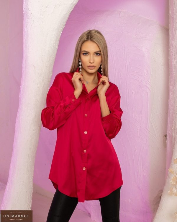 Купити малинову жіночу подовжену шовкову сорочку (розмір 42-52) в Україні