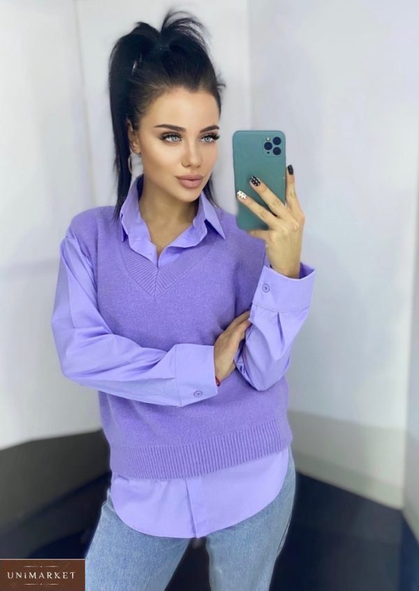 Замовити фіолетовий жіночий комплект двійка: сорочка+жилетка недорого