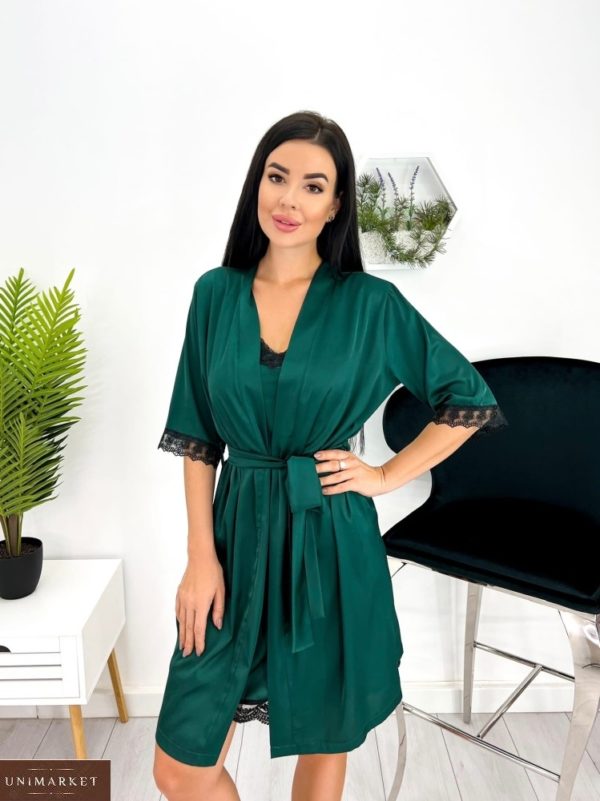 Заказать зеленый женский ночной шелковый комплект (размер 42-52) онлайн
