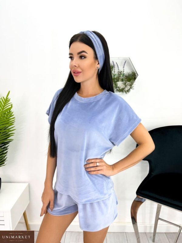 Купити синій жіночий піжамний комплект з пов'язкою (розмір 42-52) в інтернеті