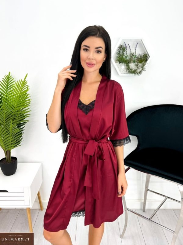 Купити бордовий жіночий нічний шовковий комплект (розмір 42-52) в інтернеті